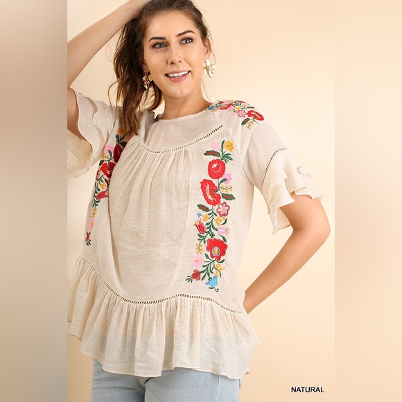 Umgee Cream Embroidered Flutter-Sleeve Peasant Top with Red Floral Accents - Picture 2 of 13